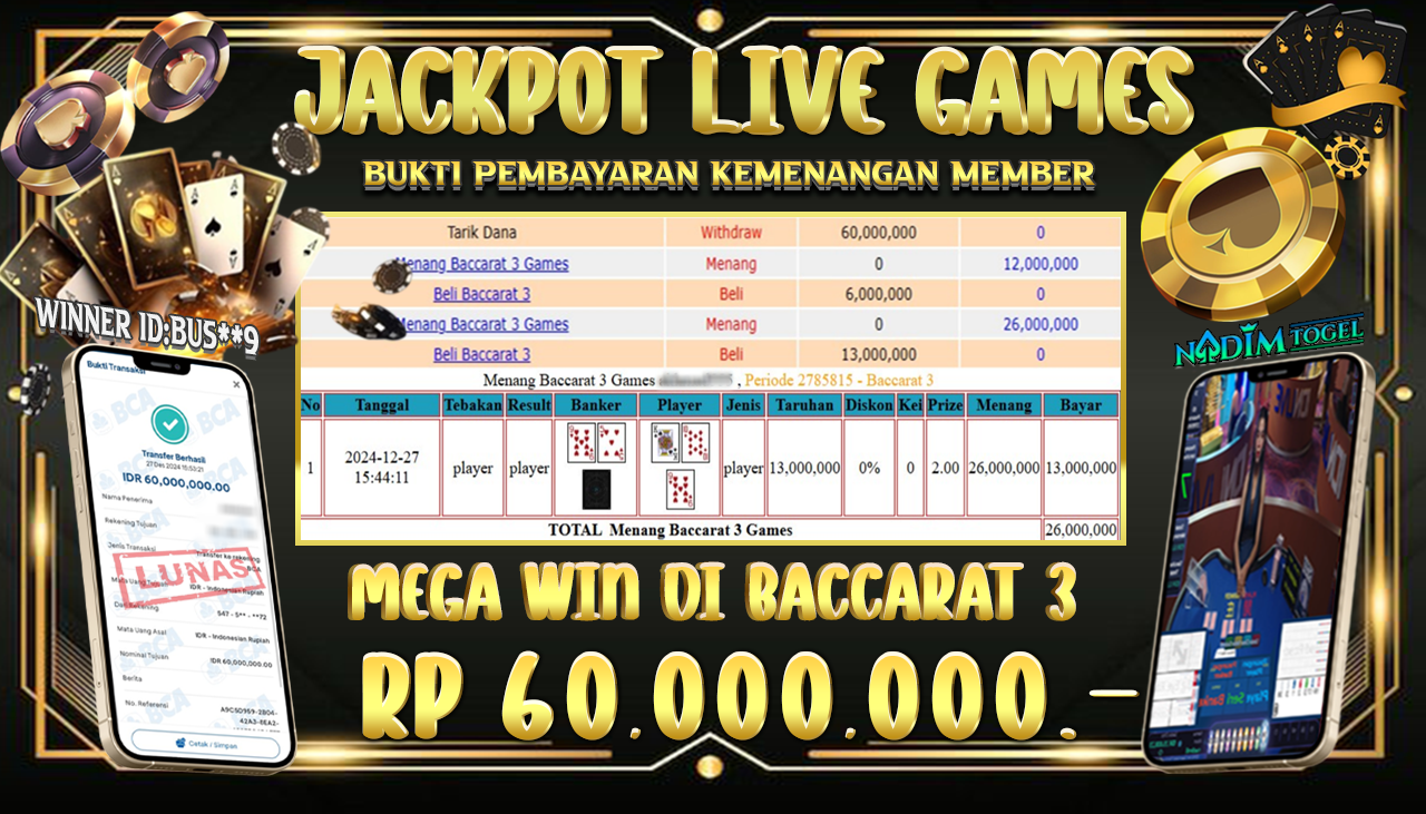 NADIMTOGEL JACKPOT LIVE GAMES BACCARAT 3  Rp.60,000,000,- LUNAS