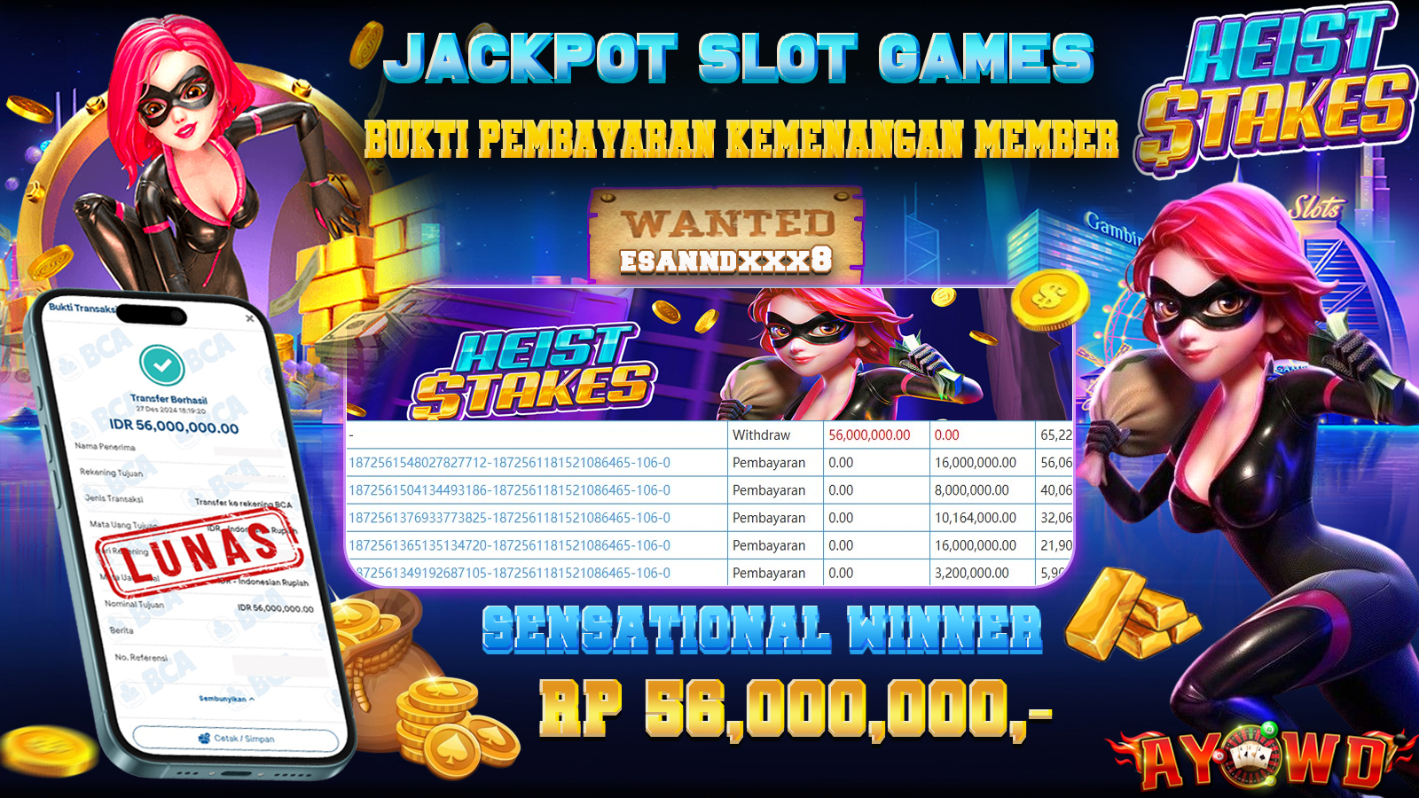 AYOWD JACKPOT SLOT GAMES PG-HEIST STAKES Rp 56.000.000 LUNAS