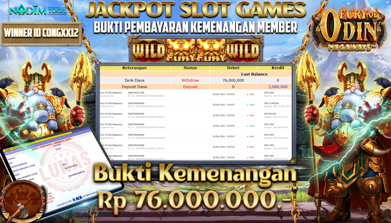 NADIMTOGEL JACKPOT SLOT FURY OF ODIN MEGAWAYS Rp.76,000,000,- LUNAS