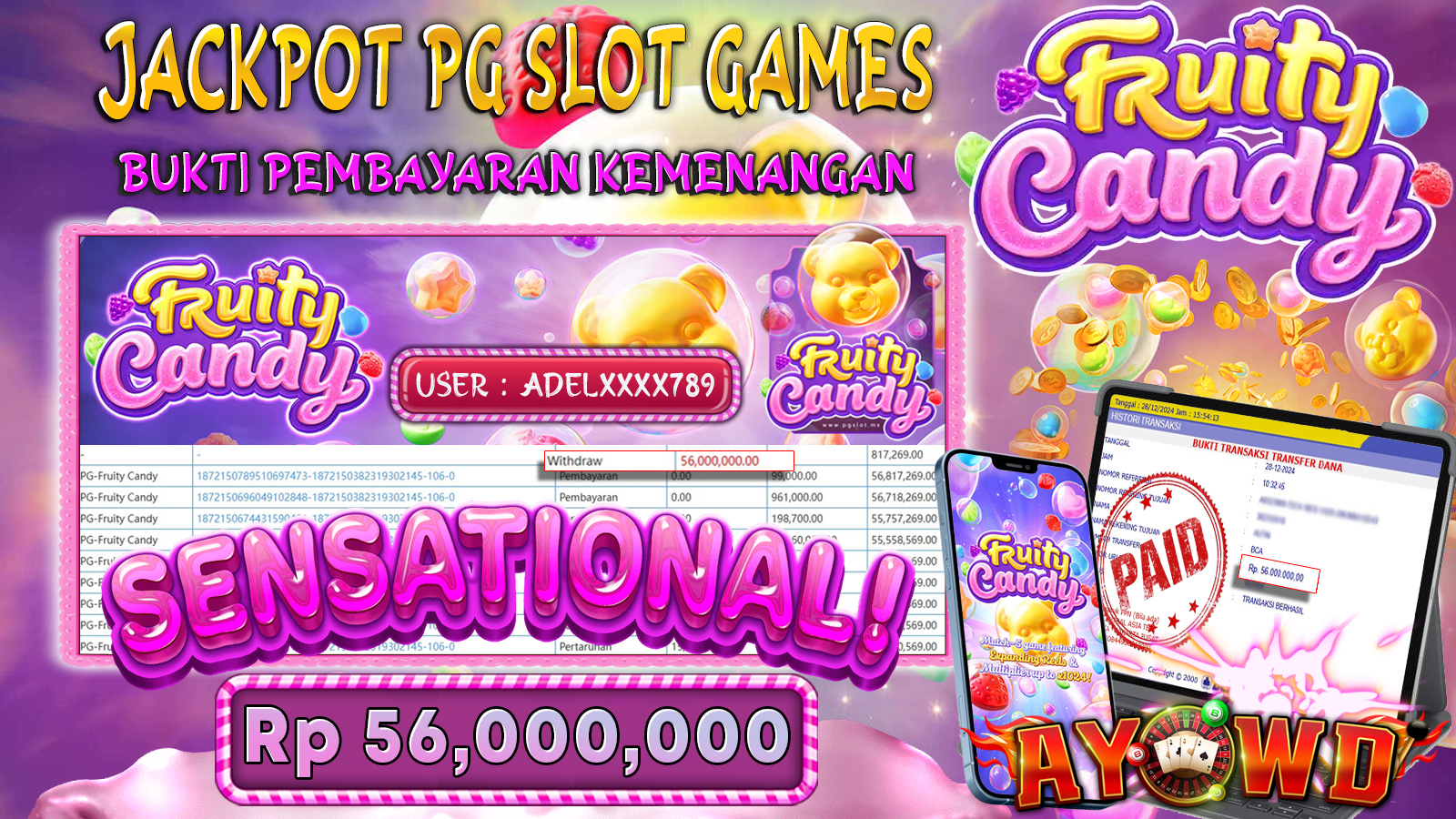 AYOWD JACKPOT SLOT GAMES PG-FRUITY CANDY Rp 56.000.000 LUNAS