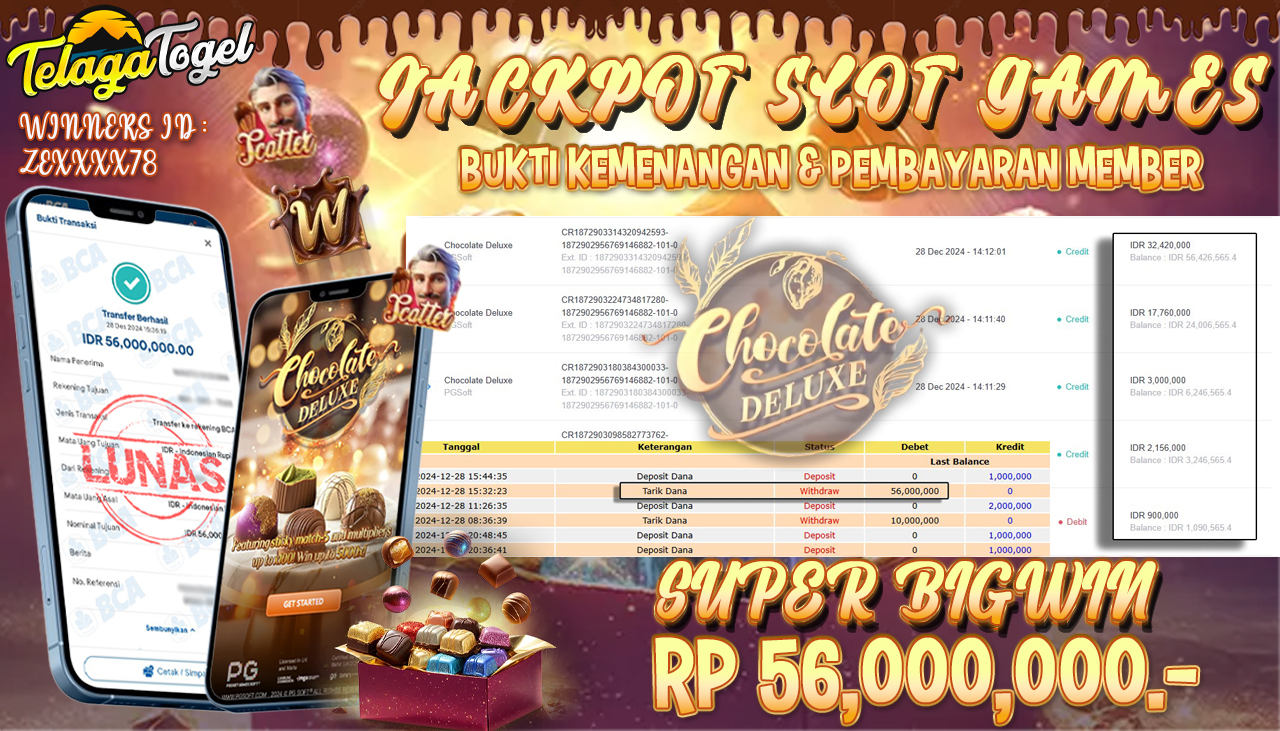 TELAGATOGEL JACKPOT SLOT CHOCOLATE DELUXE Rp 56,000,000,- LUNAS