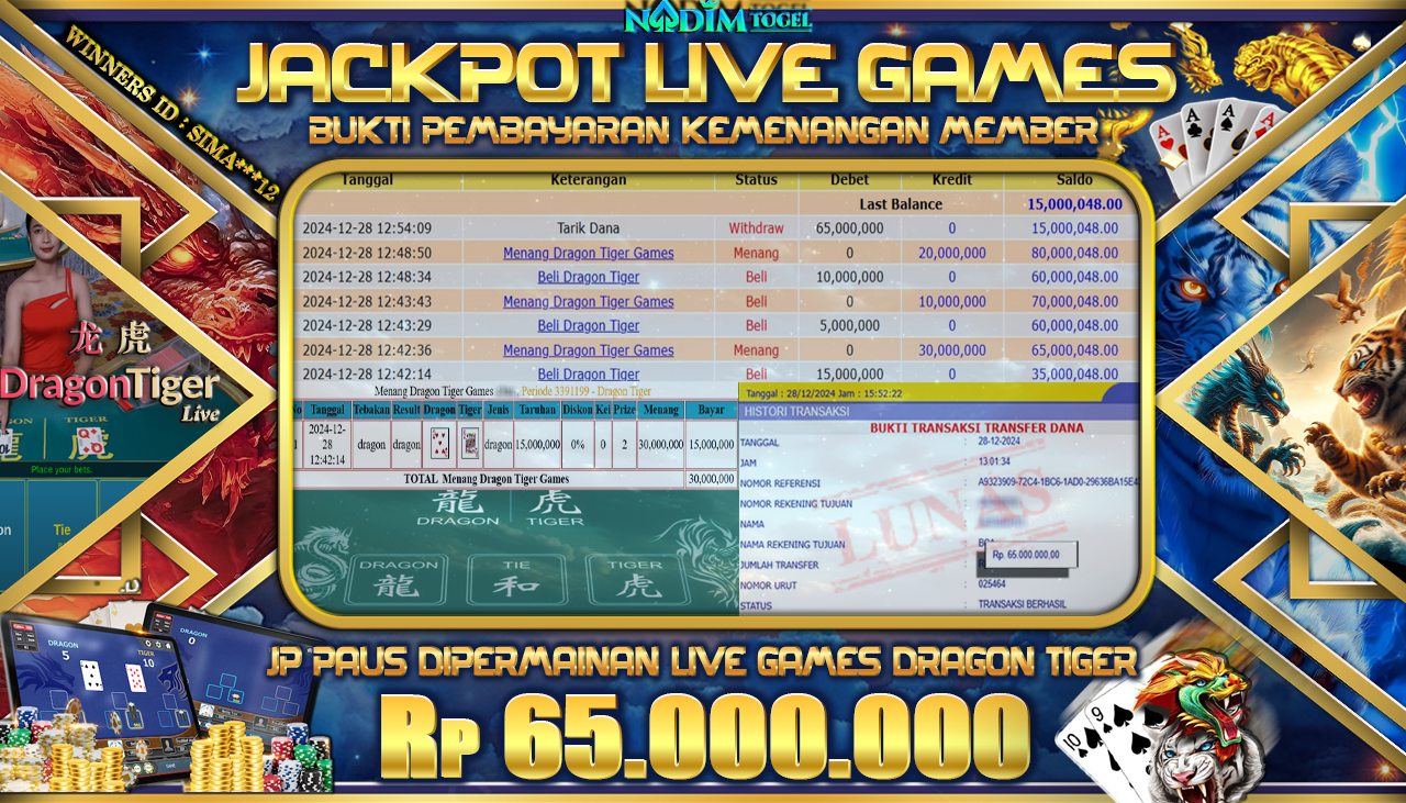 NADIMTOGEL JACKPOT LIVE GAMES DRAGON TIGER GAMES Rp 65.000.000,- LUNAS