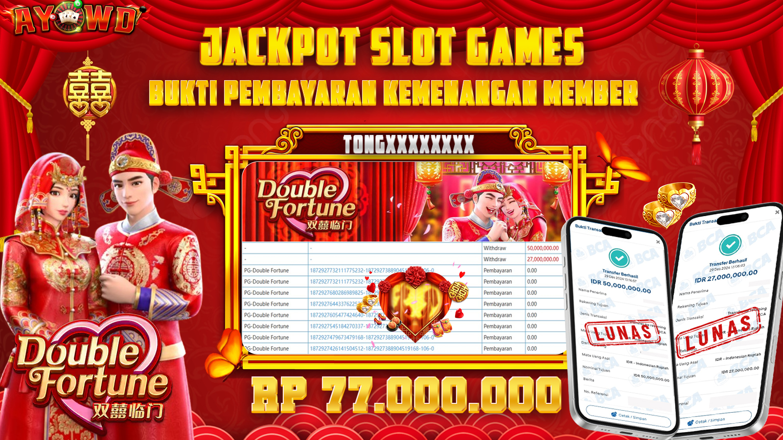 AYOWD JACKPOT SLOT GAMES PG-DOUBLE FORTUNE Rp 77.000.000 LUNAS