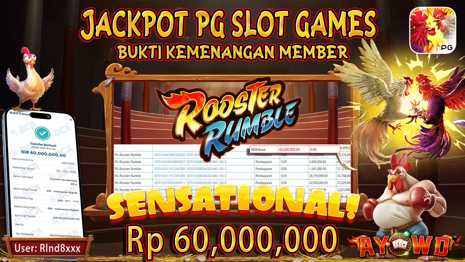 AYOWD JACKPOT SLOT GAMES PG-ROOSTER RUMBLE Rp 60.000.000 LUNAS