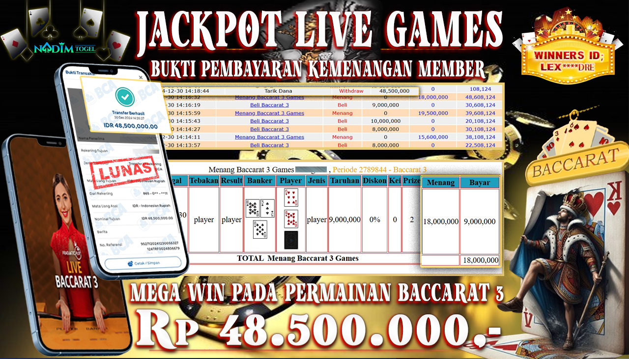 NADIMTOGEL JACKPOT LIVE GAMES BACCARAT 3 Rp.48,500,000,- LUNAS