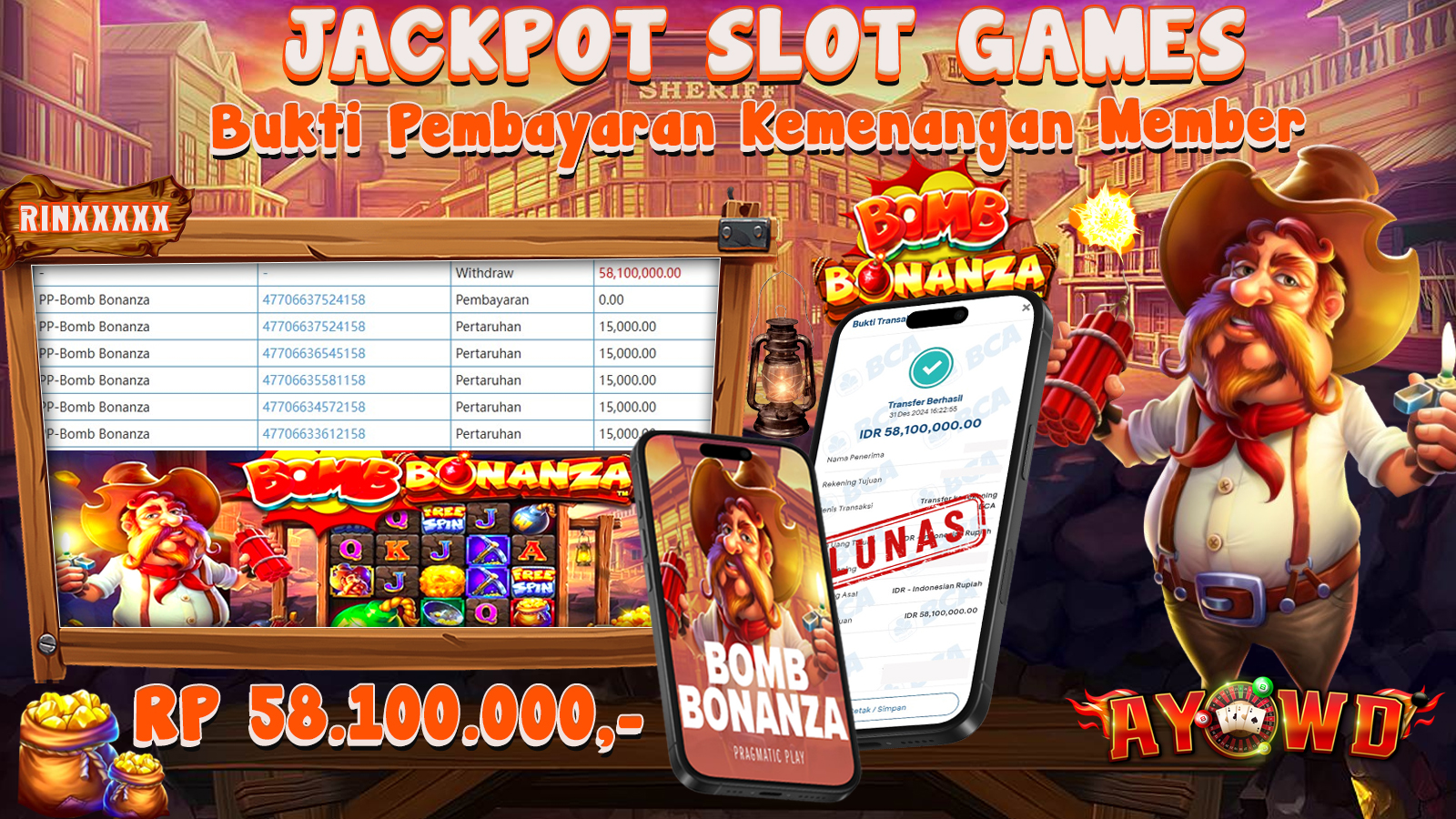 AYOWD JACKPOT SLOT GAMES PP-BOMB BONANZA Rp 58.100.000 LUNAS