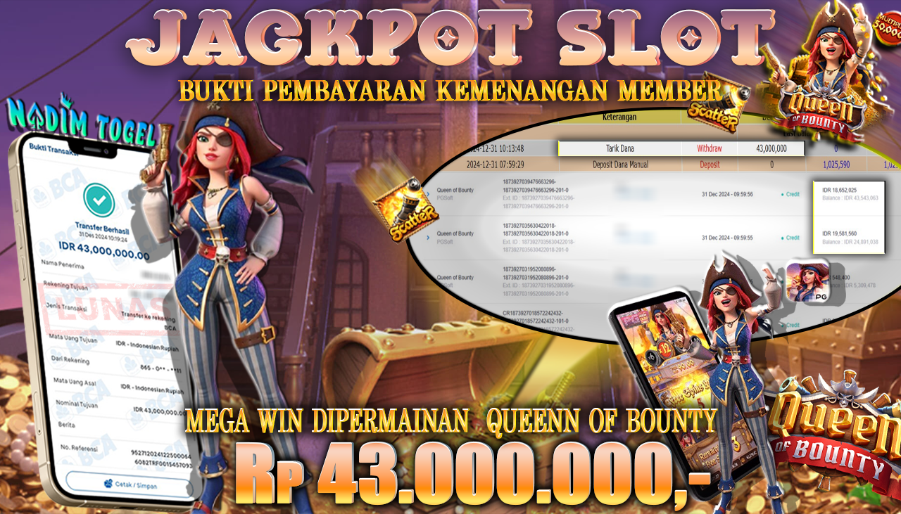 NADIMTOGEL JACKPOT SLOT QUEEN OF BOUNTY Rp 43,000,000.- LUNAS
