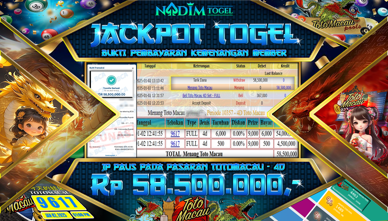 NADIMTOGEL JACKPOT TOGEL TOTOMACAU-4D Rp 58,500,000.- LUNAS