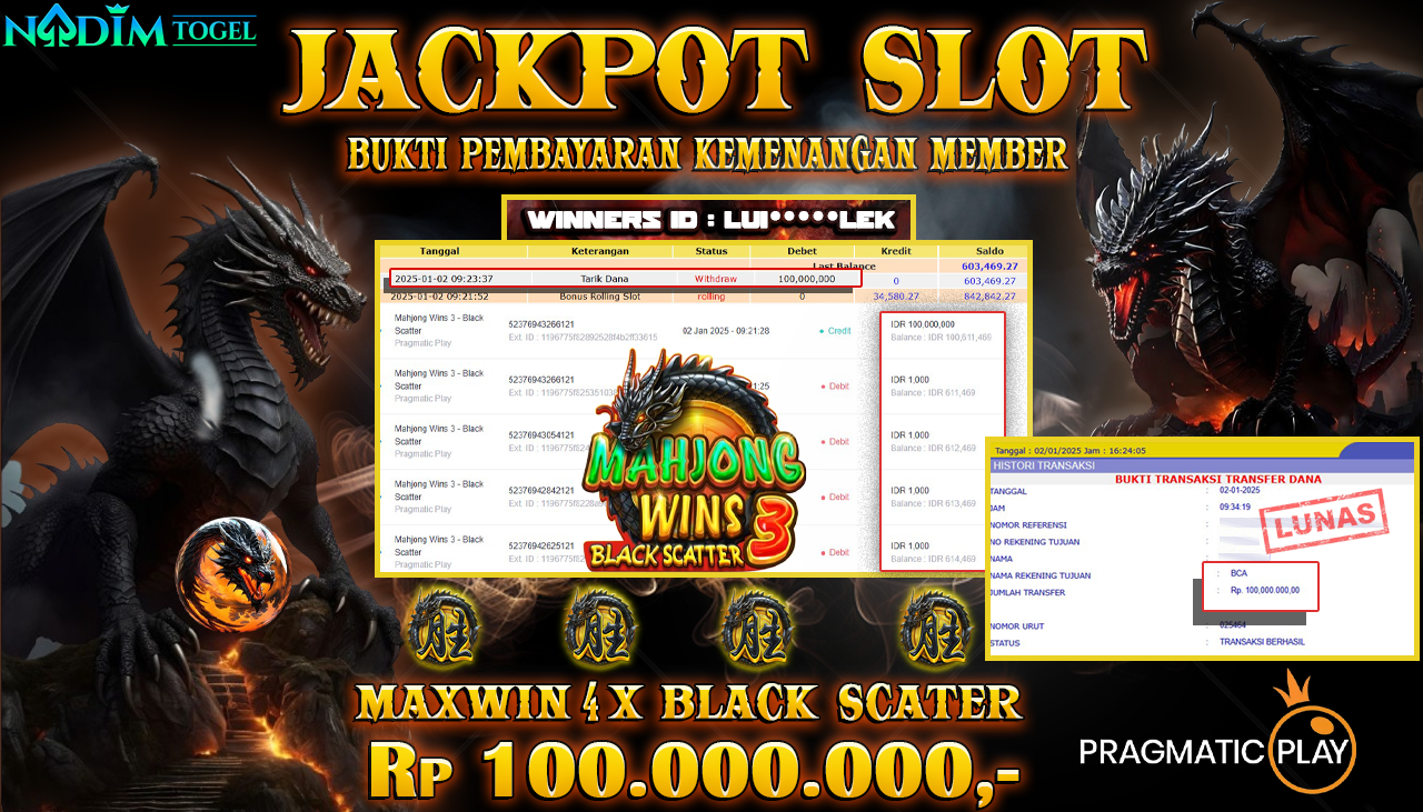 NADIMTOGEL JACKPOT SLOT MAHJONG WINS 3 BLACK SCATER Rp 100,000,000,- LUNAS