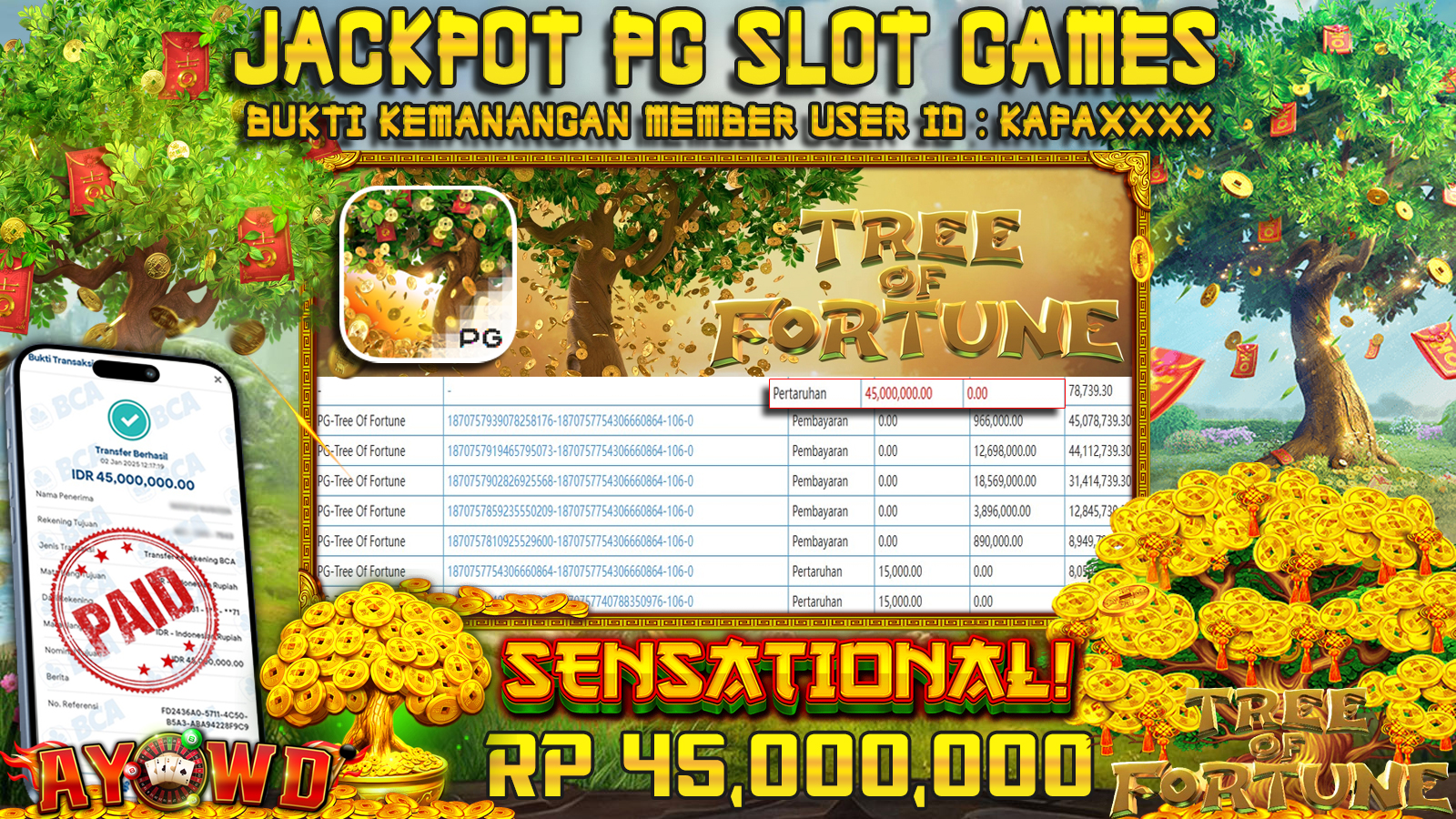 AYOWD JACKPOT SLOT GAMES PG-TREE OF FORTUNE Rp 45,000,000 LUNAS
