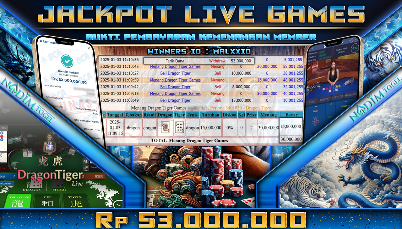 NADIMTOGEL JACKPOT LIVEGAMES DRAGON TIGER GAMES Rp 53,000,000.- LUNAS