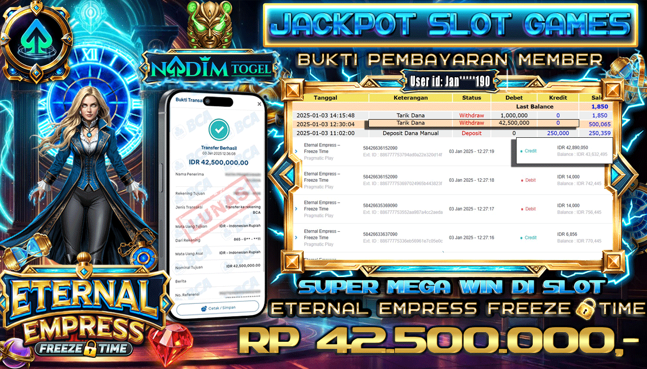 NADIMTOGEL JACKPOT SLOT ETERNAL EMPRESS FREEZE-TIME Rp 42,500,000,- LUNAS