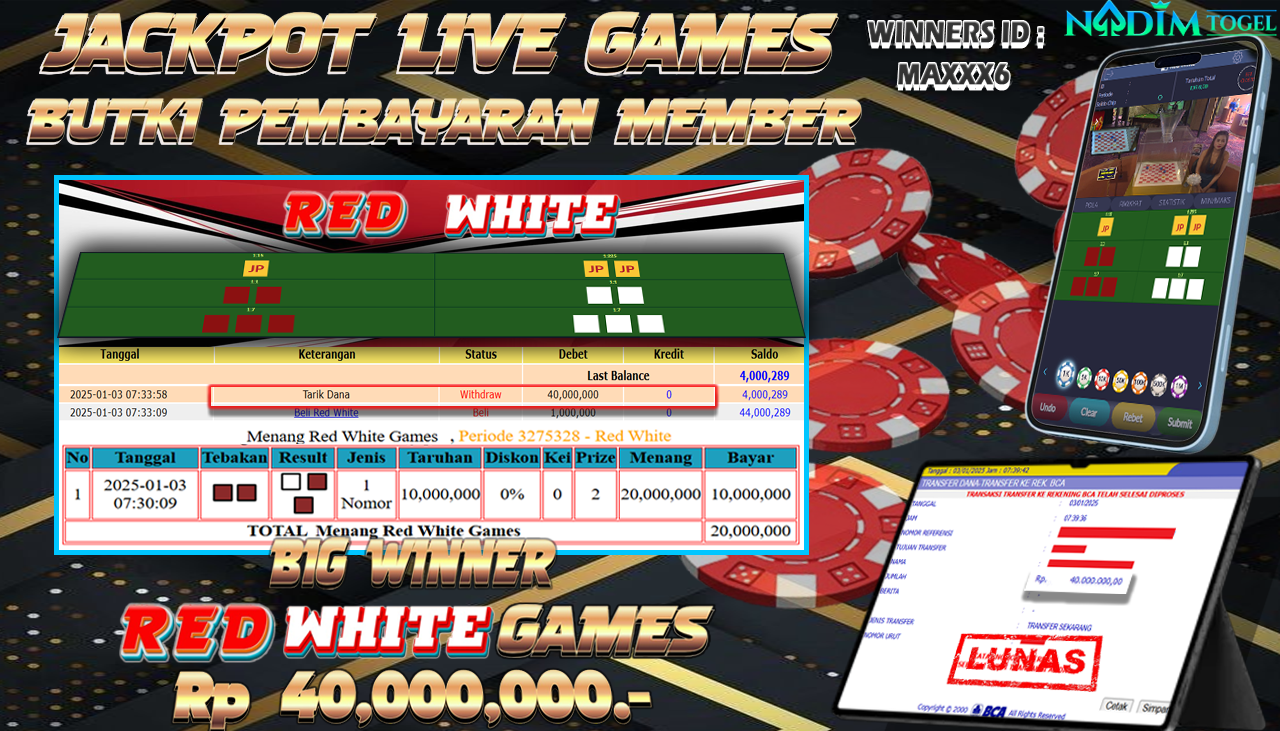 NADIMTOGEL JACKPOT LIVEGAMES RED WHITE GAMES Rp 40,000,000,- LUNAS
