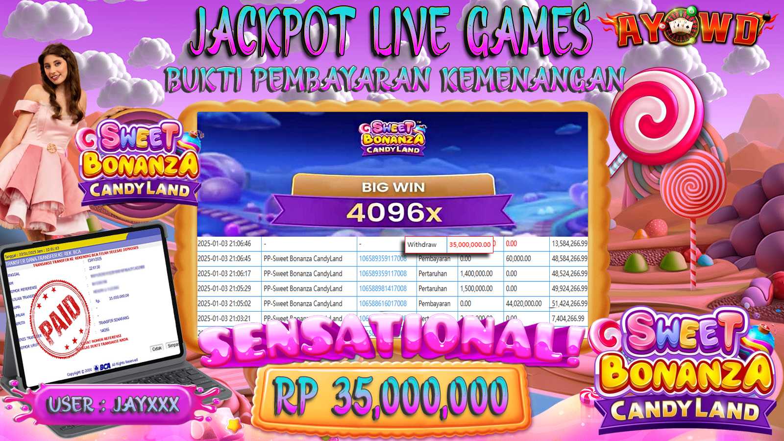 AYOWD JACKPOT LIVE GAMES PP-SWEET BONANZA CANDYLAND Rp 35,000,000 LUNAS