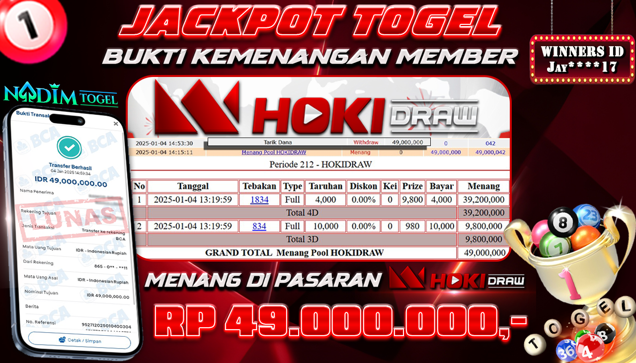 NADIMTOGEL JACKPOT TOGEL PASARAN HOKIDRAW Rp.49,000,000,- LUNAS