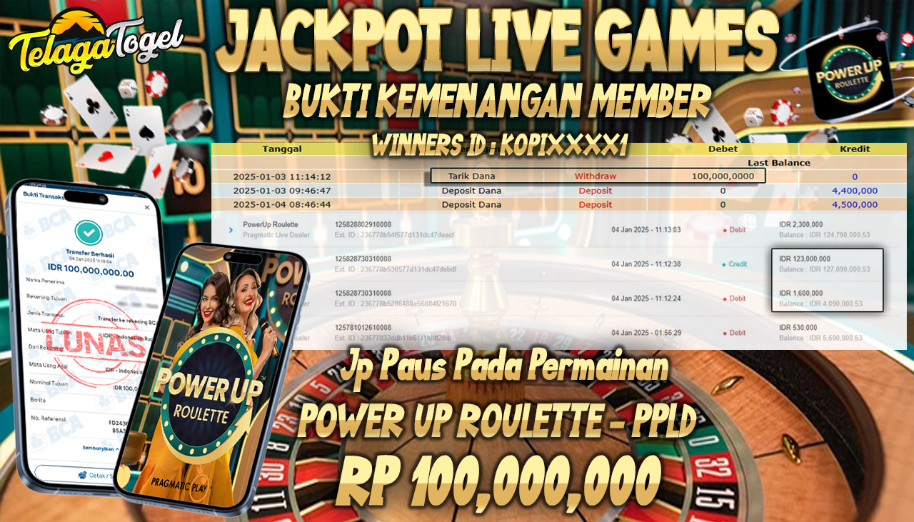 TELAGATOGEL JACKPOT LIVE GAMES POWER UP ROULETTE - PPLD Rp 100,000,000,- LUNAS