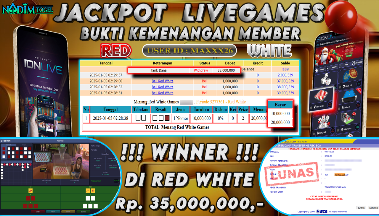 NADIMTOGEL JACKPOT LIVEGAMES RED WHITE GAMES Rp 35,000,000.- LUNAS