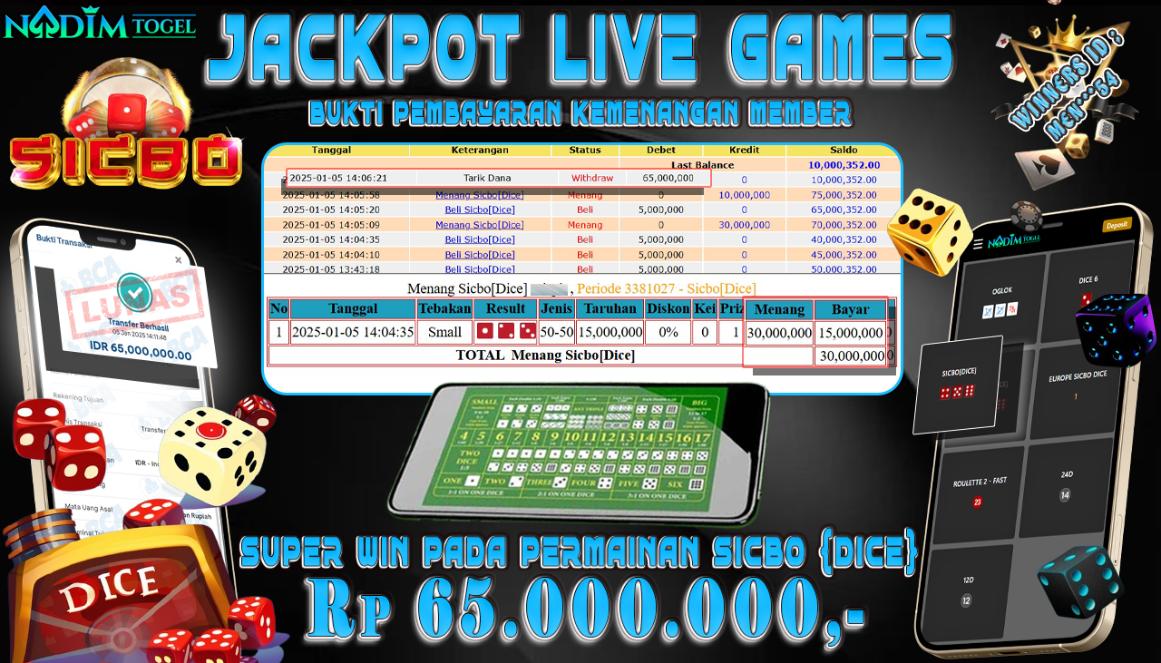 NADIMTOGEL JACKPOT LIVE GAMES SICBO {DICE} Rp.65,000,000,- LUNAS