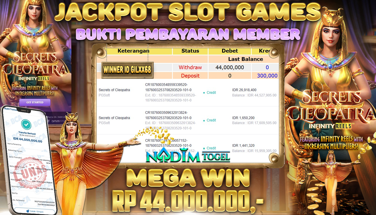 NADIMTOGEL JACKPOT SLOT SECRETS OF CLEOPATRA Rp.44.000.000,- LUNAS