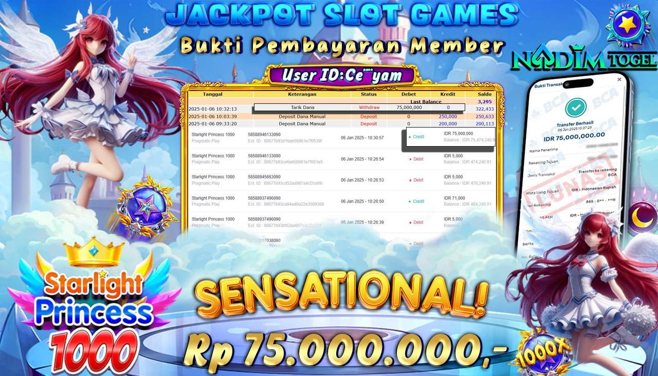 NADIMTOGEL JACKPOT SLOT STARLIGHT PRINCESS 1000 Rp 75.000.000.- LUNAS