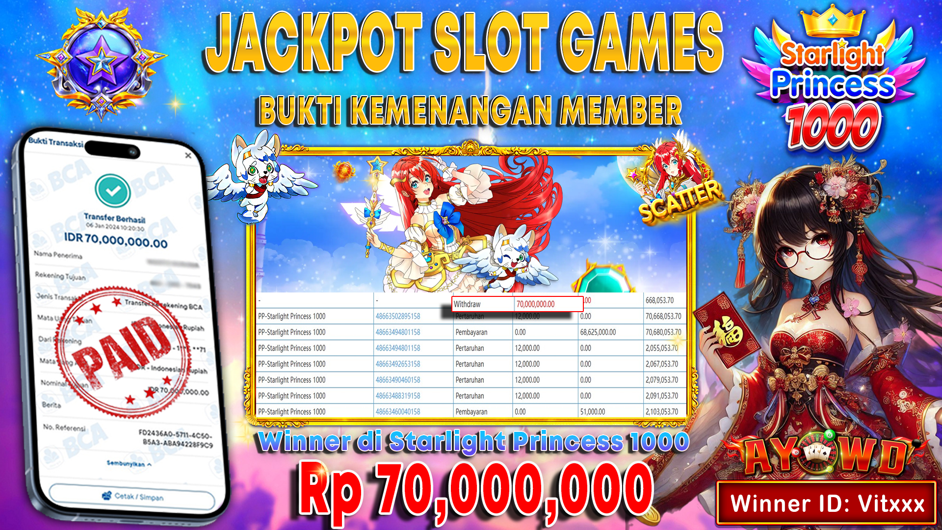 AYOWD JACKPOT SLOT GAMES PP-Starlight Princess 1000 Rp 70,000,000 LUNAS
