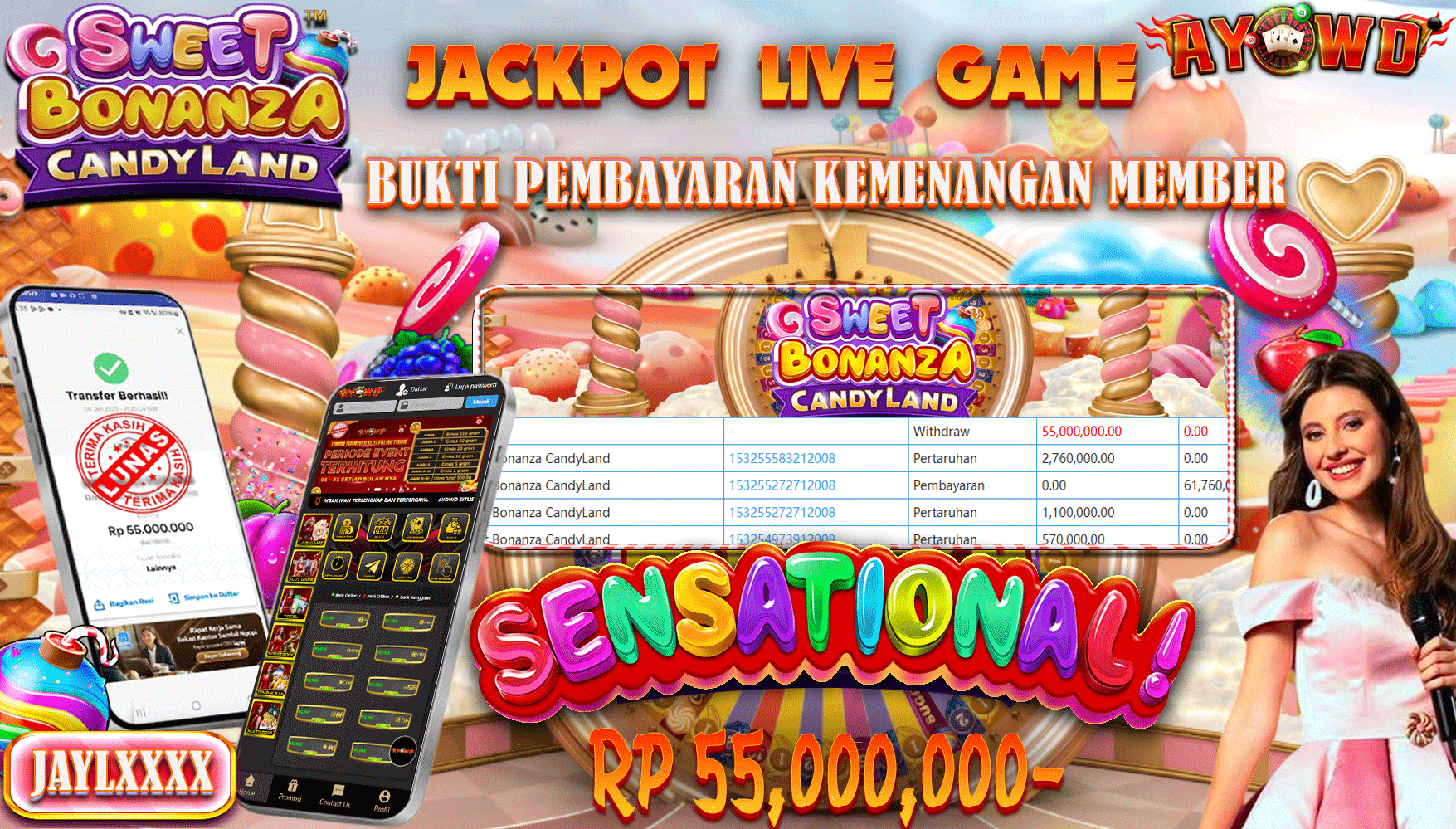 AYOWD JACKPOT LIVE GAME PP-Sweet Bonanza CandyLand Rp 55,000,000 LUNAS