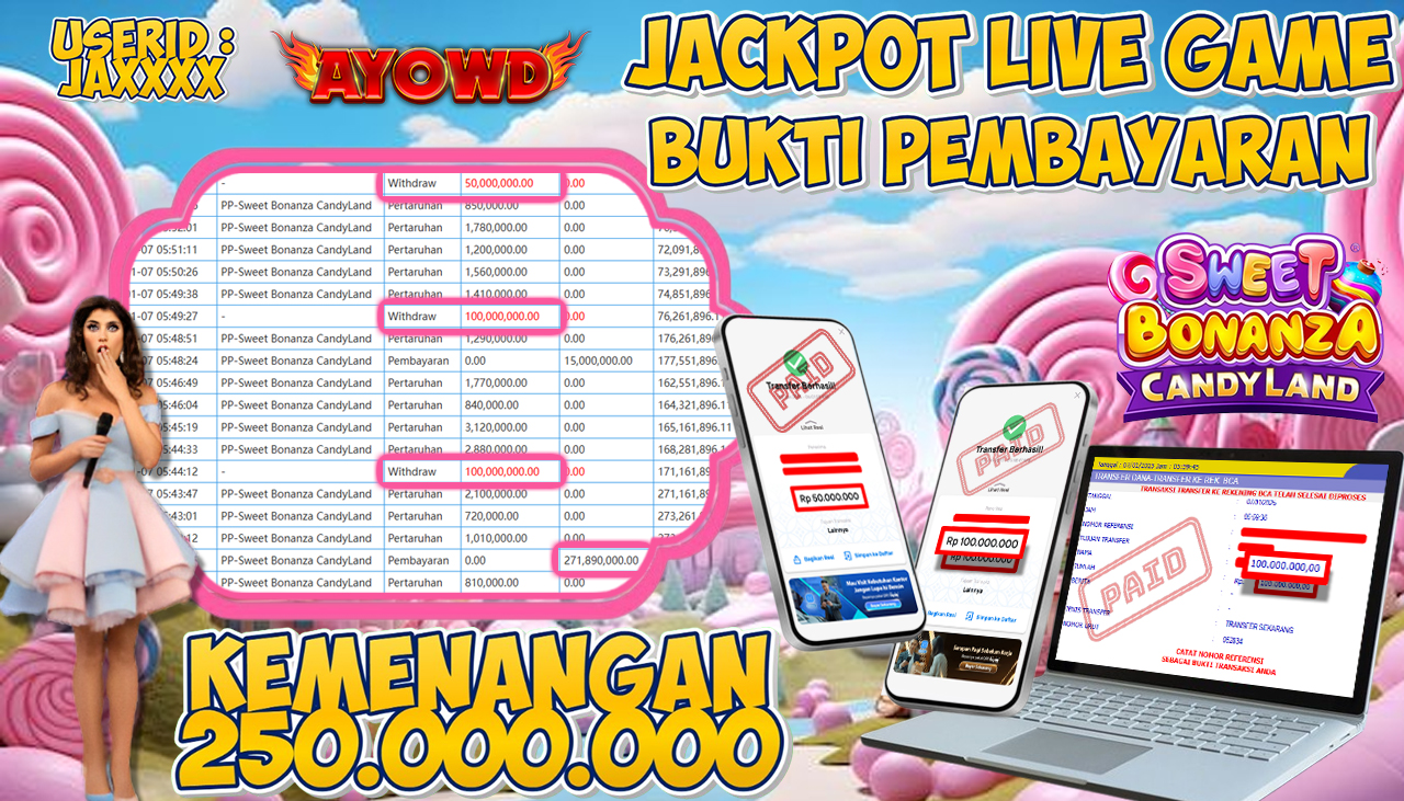 AYOWD JACKPOT LIVE GAME PP-Sweet Bonanza CandyLand Rp 250,000,000 LUNAS