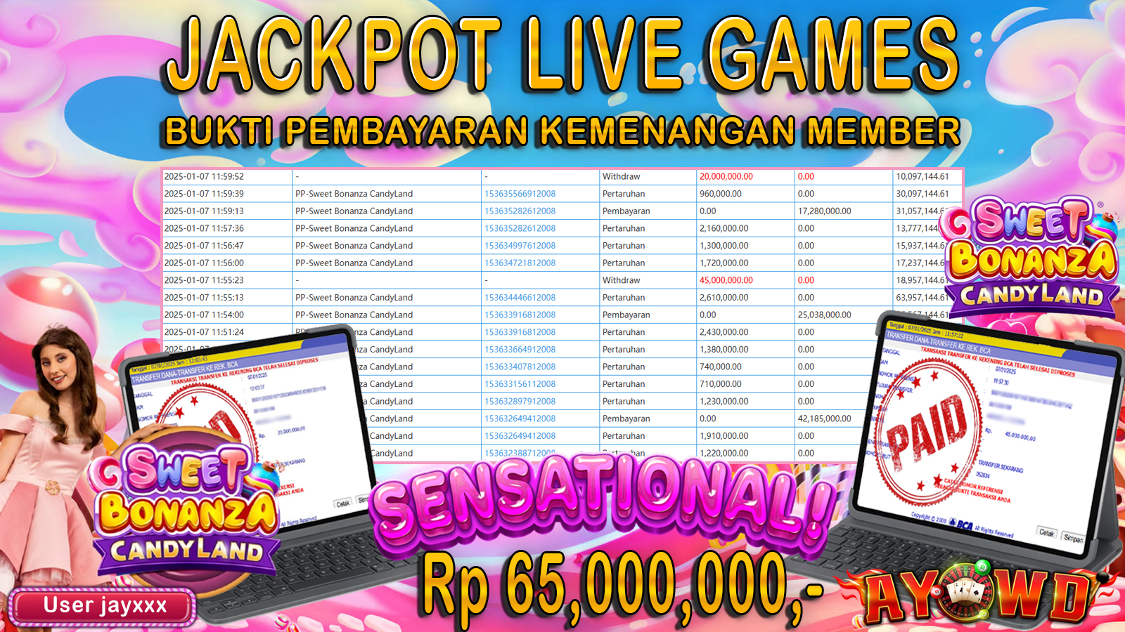AYOWD JACKPOT LIVE GAME PP-Sweet Bonanza CandyLand Rp 65,000,000 LUNAS