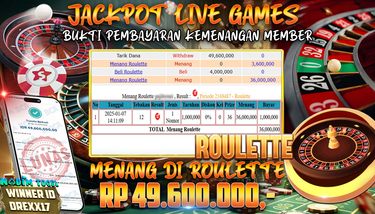 NADIMTOGEL JACKPOT LIVE GAME ROULETTE Rp.49.600.000,- LUNAS