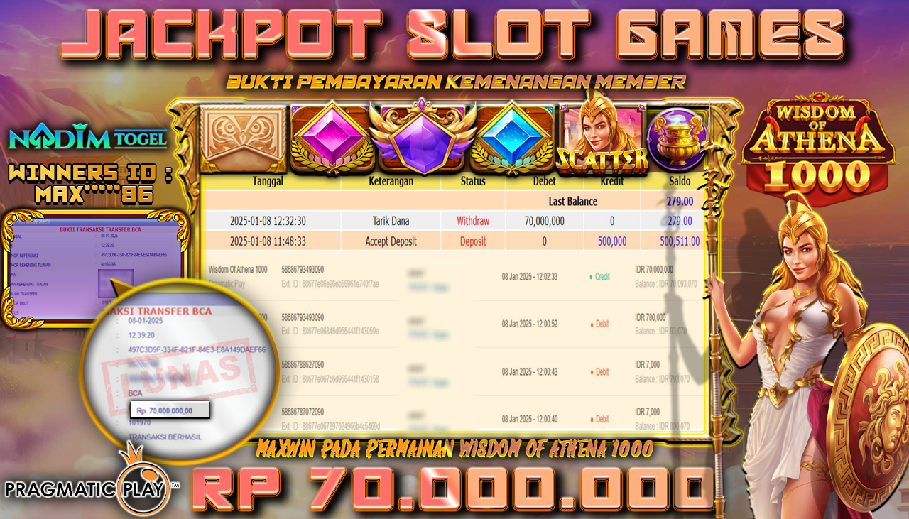 NADIMTOGEL JACKPOT SLOT WISDOM OF ATHENA 1000 Rp 70.000.000,- LUNAS