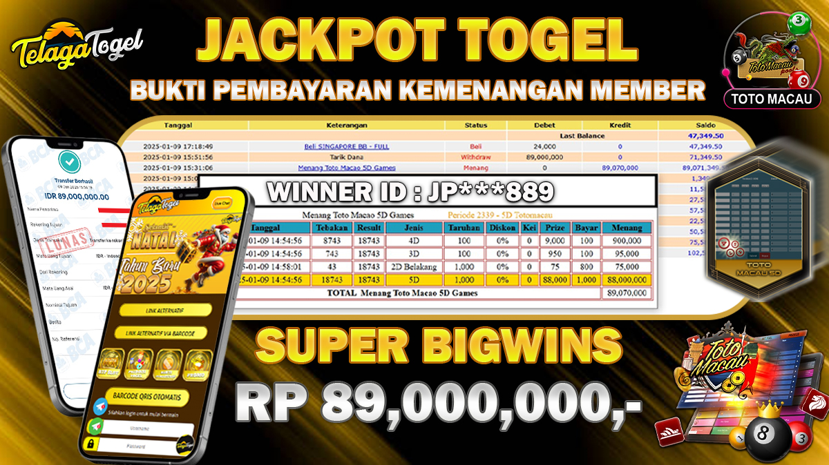TELAGATOGEL JACKPOT TOGEL TOTO MACAU 5D Rp 89,000,000,- LUNAS