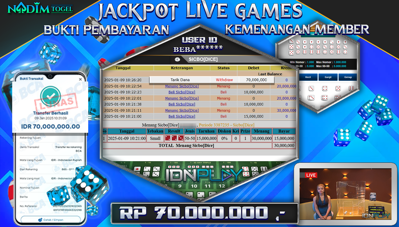 NADIMTOGEL JACKPOT LIVE GAMES SICBO DICE Rp 70,000,000,- LUNAS