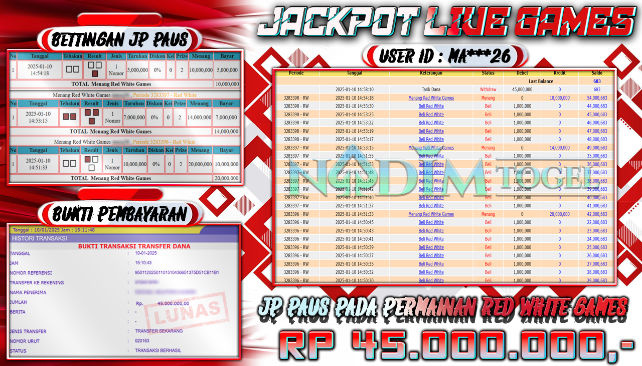 NADIMTOGEL JACKPOT LIVE GAMES RED WHITE Rp 45.000.000,- LUNAS