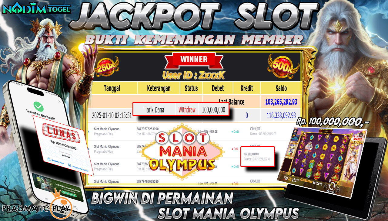 NADIMTOGEL JACKPOT SLOT MANIA OLYMPUS Rp 100,000,000,- LUNAS