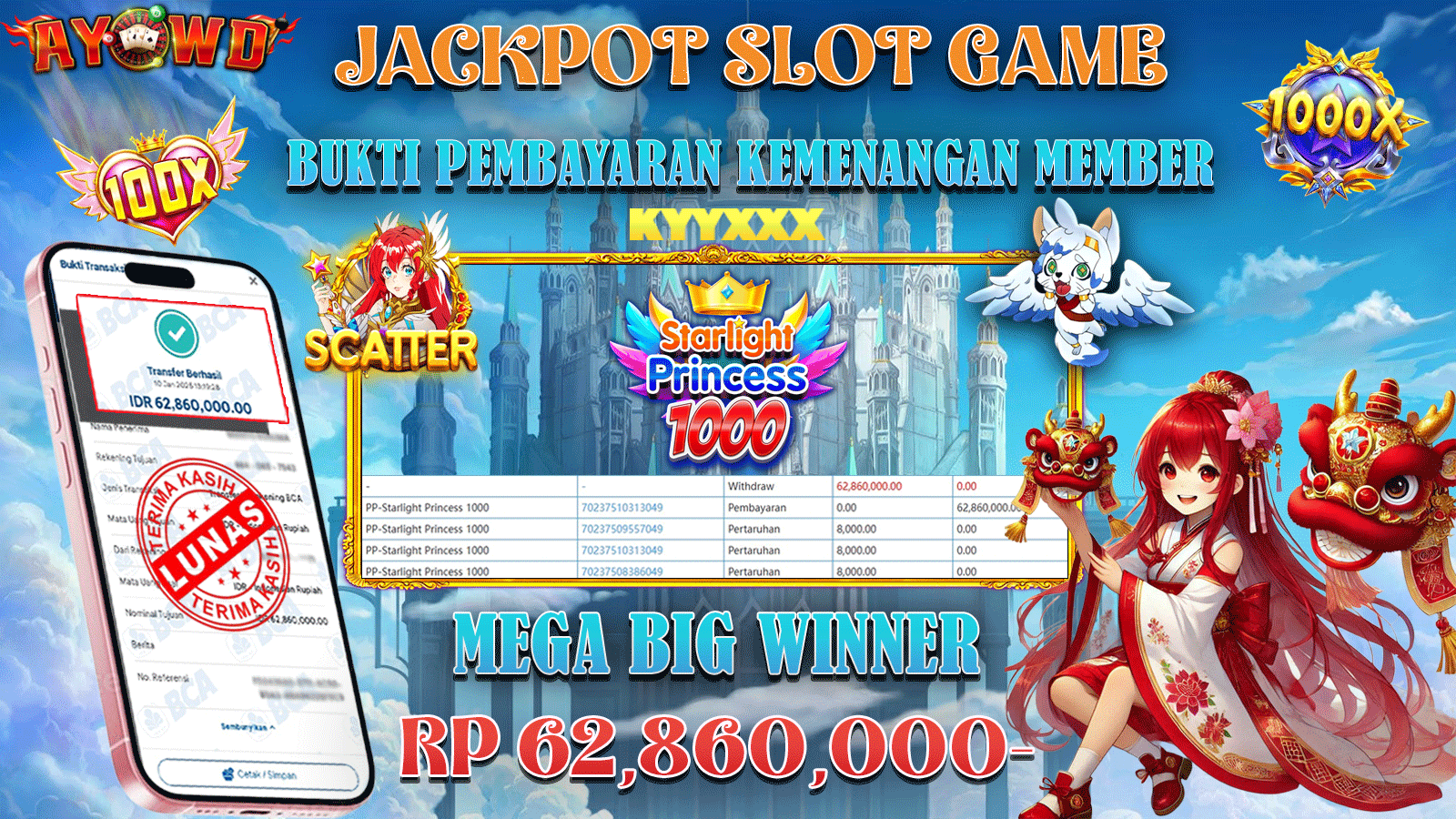 AYOWD JACKPOT SLOT GAMES PP-STARLIGHT PRINCESS 1000 Rp 62,860,000 LUNAS