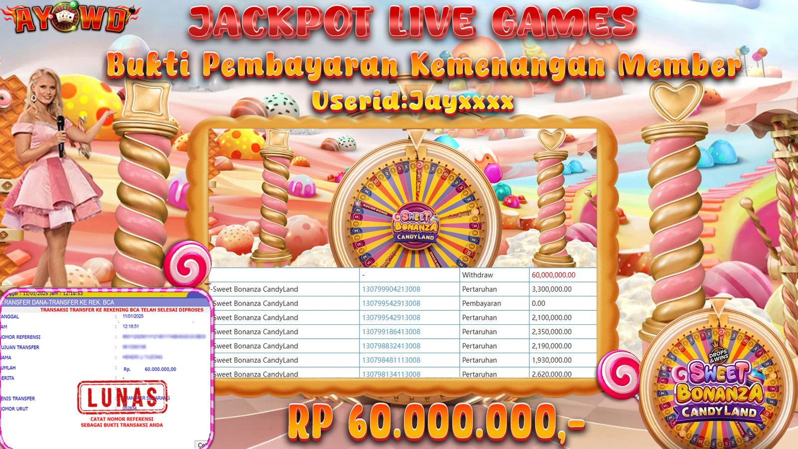 AYOWD JACKPOT LIVE GAME PP-Sweet Bonanza CandyLand Rp 60,000,000 LUNAS