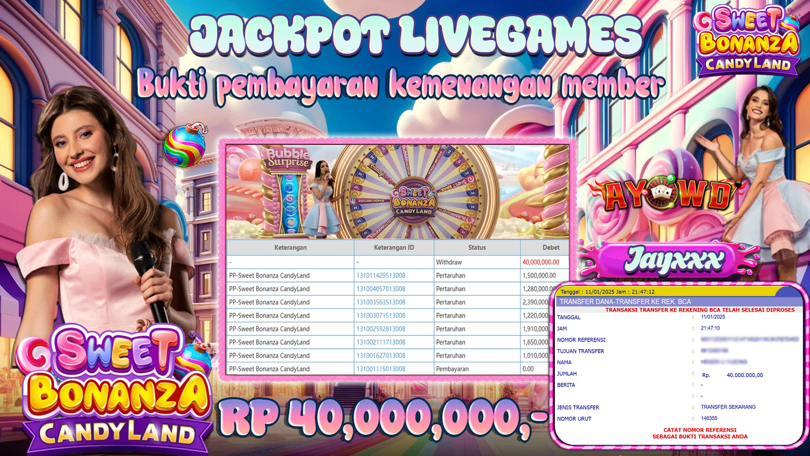 AYOWD JACKPOT LIVE GAME PP-Sweet Bonanza CandyLand Rp 40,000,000 LUNAS