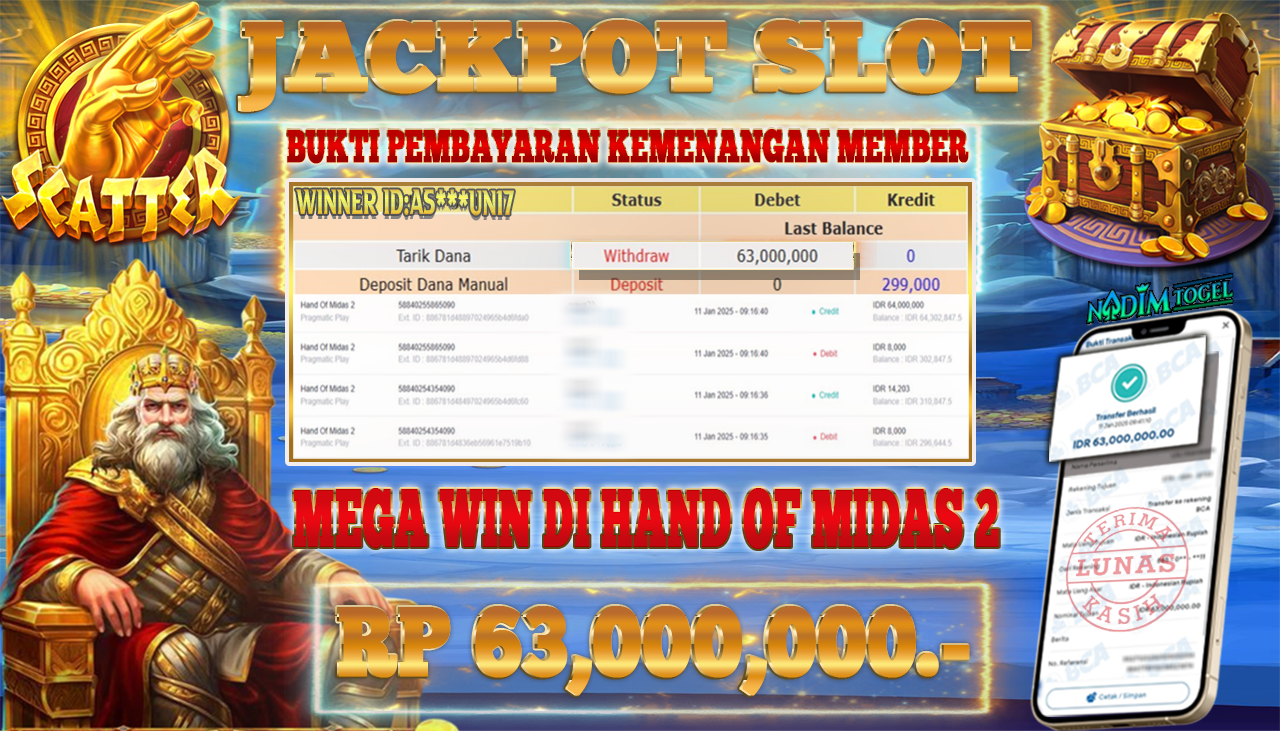 NADIMTOGEL JACKPOT SLOT HAND OF MIDAS 2  Rp 63,000,000,- LUNAS