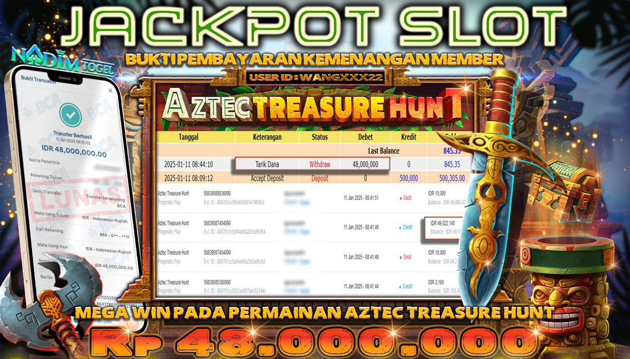 NADIMTOGEL JACKPOT SLOT AZTEC TREASURE HUNT Rp 48.000.000,- LUNAS