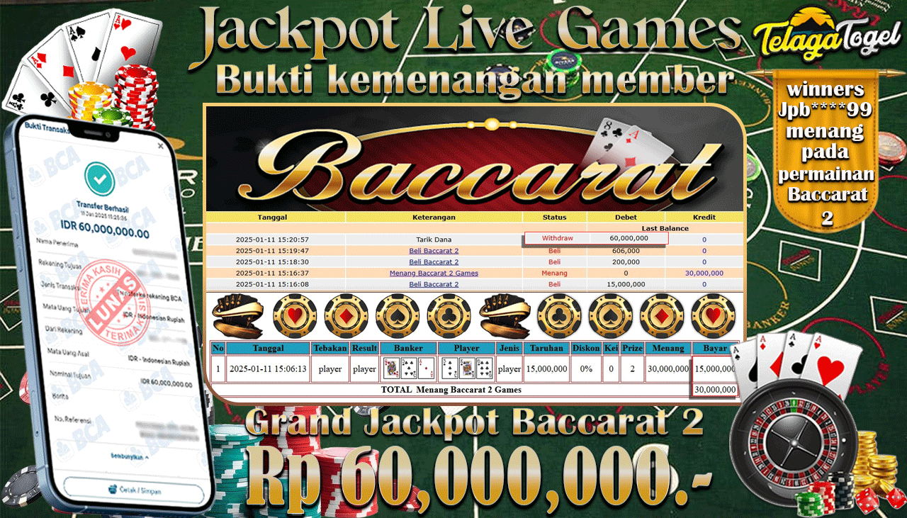 TELAGATOGEL JACKPOT LIVE GAMES BACCARAT 2 Rp 60,000,000,- LUNAS