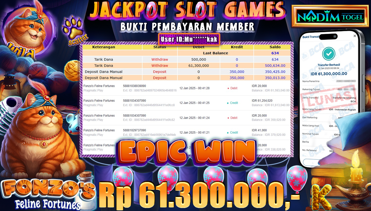 NADIMTOGEL JACKPOT SLOT FONZOS FELINE FORTUNES Rp 61.300.000,- LUNAS