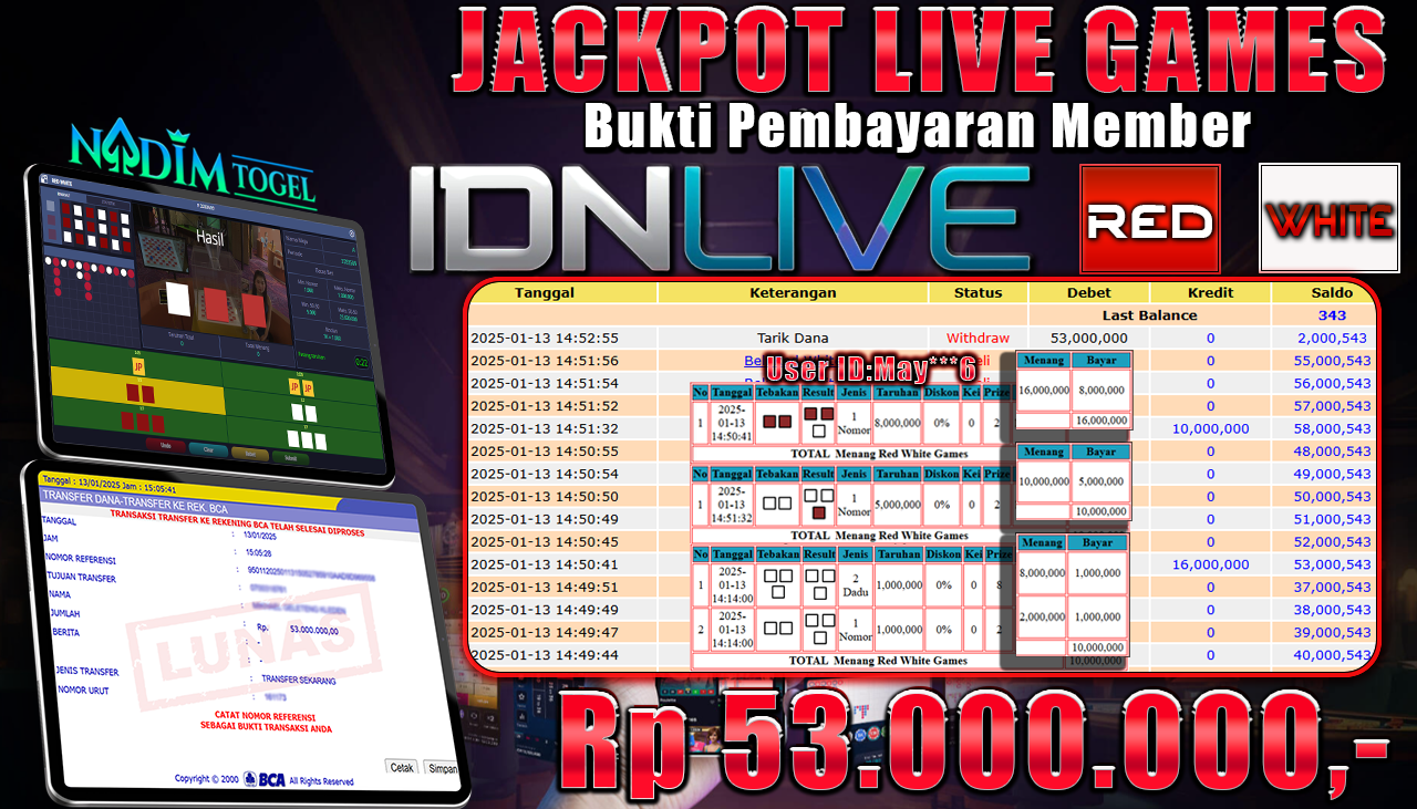NADIMTOGEL JACKPOT LIVE GAMES RED - WHITE Rp 53,000,000,- LUNAS