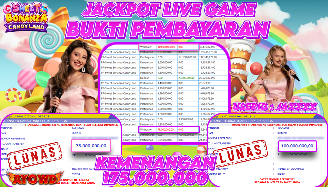 AYOWD JACKPOT LIVE GAME PP-Sweet Bonanza CandyLand Rp 175,000,000 LUNAS