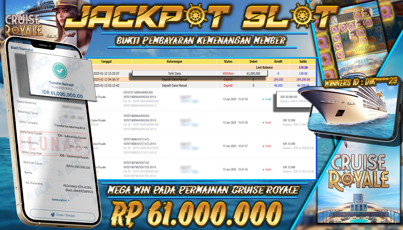NADIMTOGEL JACKPOT SLOT CRUISE ROYALE PG-SOFT Rp 61.000.000,- LUNAS