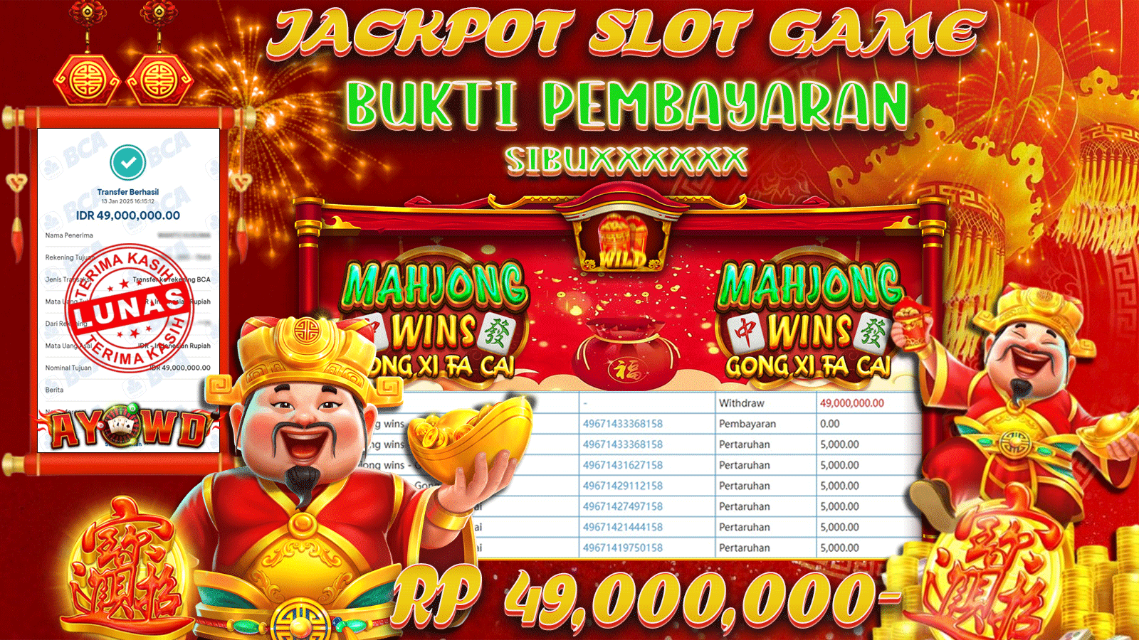 AYOWD JACKPOT SLOT GAME PP-Mahjong Wins-Gong Xi Fa Cai Rp 49,000,000 LUNAS