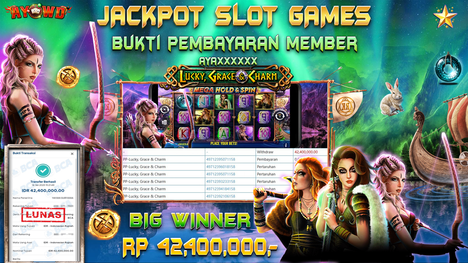 AYOWD JACKPOT SLOT GAME PP- Lucky, Grace & Charm Rp 42,400,000 LUNAS