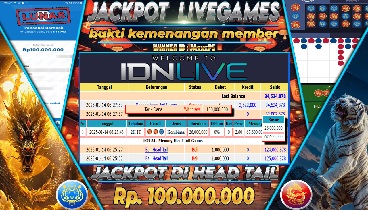 NADIMTOGEL JACKPOT LIVE GAMES HEAD TAIL Rp 100.000.000,- LUNAS