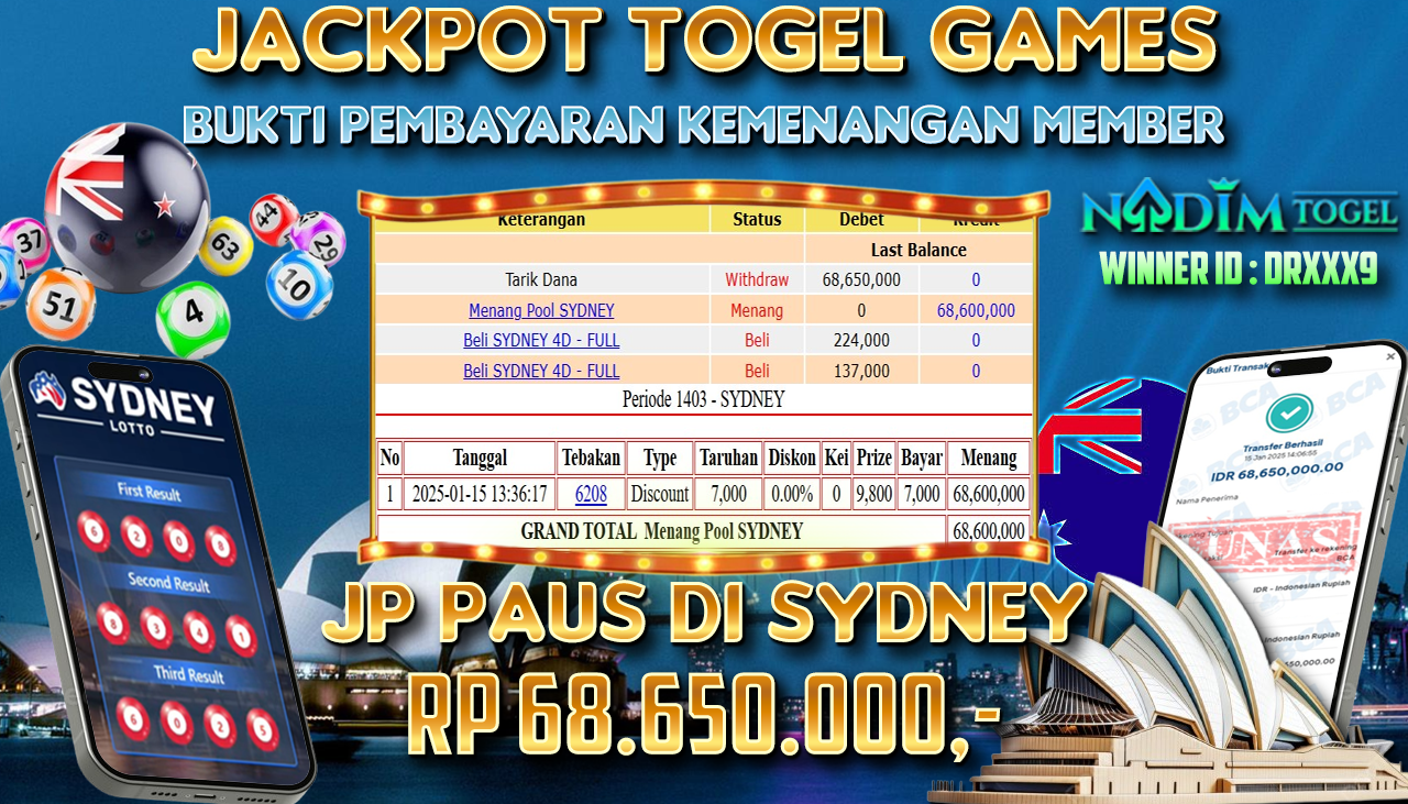 NADIMTOGEL JACKPOT TOGEL SYDNEY LOTTO Rp.68.650.000,- LUNAS