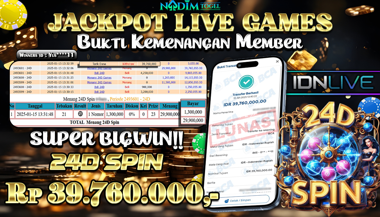 NADIMTOGEL JACKPOT LIVEGAMES 24D SPIN Rp 39.760.000,- LUNAS
