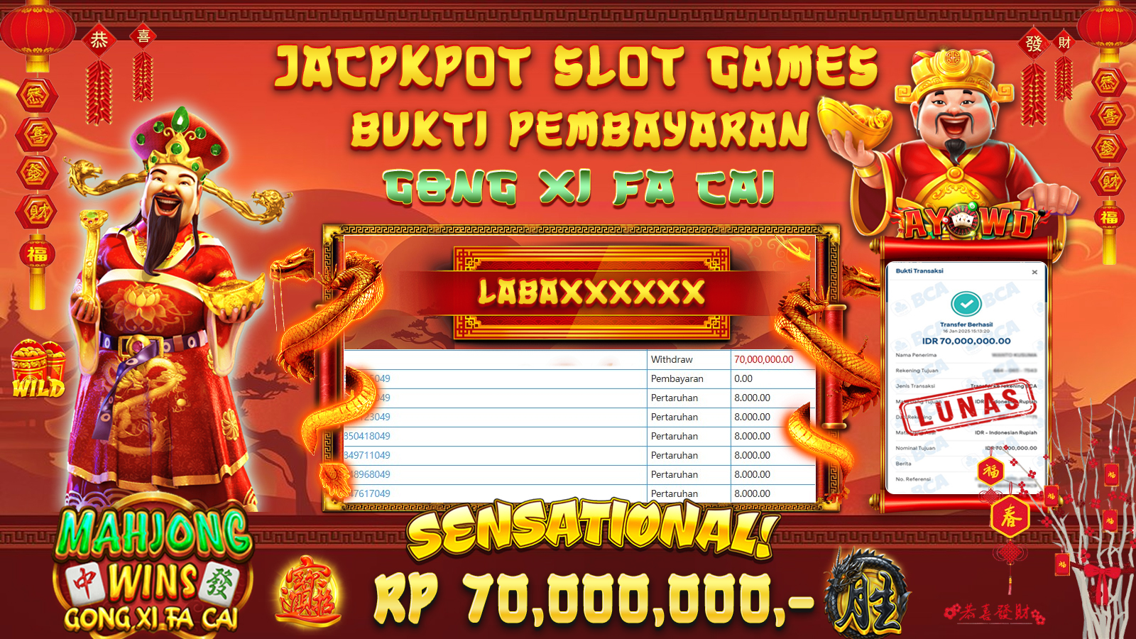AYOWD JACKPOT SLOT GAME PP-MAHJONG WINS GONG XI FA CAI Rp 70,000,000 LUNAS